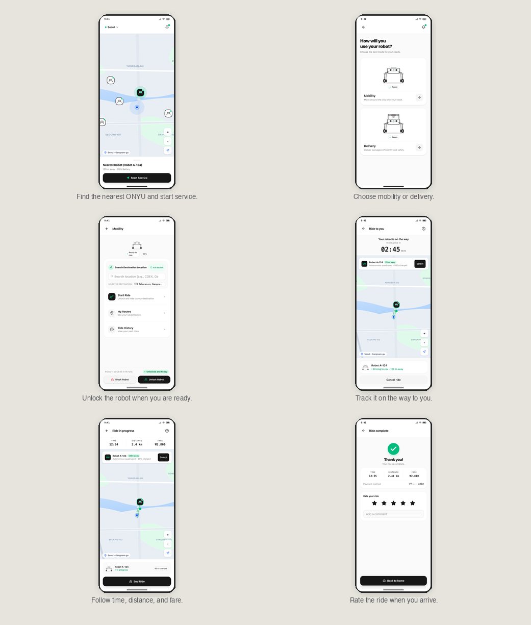 ONYU test app: find a robot, choose mobility or delivery, unlock, track, ride, and rate.