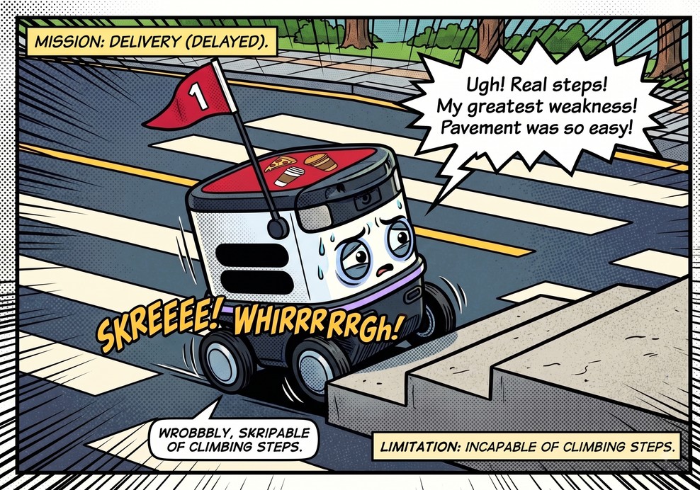 Wheeled delivery robot limited by stairs and urban barriers.